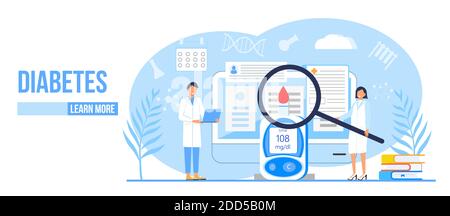 Diabetes mellitus, type 2 diabetes and insulin production concept vector. Landing page with magnifier and blood glucose testing meter, tiny doctors tr Stock Vector