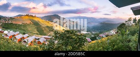 Aerial view of camping grounds and tents on Doi Mon Cham mountain in Mae Rim, Chiang Mai province, Thailand Stock Photo