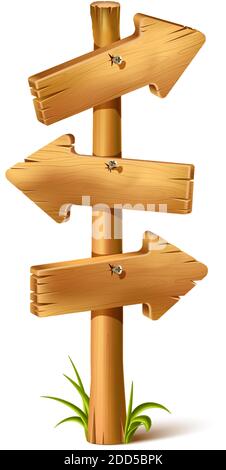 Vector cartoon wooden arrow sign with different angles showing directions, with rustic wood and nails. Isolated icon illustration on white background. Stock Vector