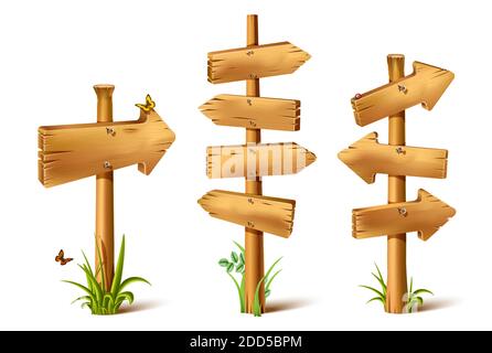 Vector cartoon wooden rustic sings in arrow of direction. Old, retro banner with metal nails for messages or pointers for path finding with butterflie Stock Vector