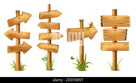 Vector cartoon wooden rustic sings in arrow of direction. Old, retro banner with metal nails for messages or pointers for path finding with butterflie Stock Vector