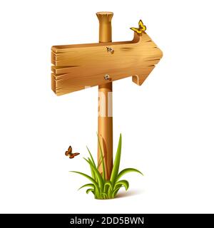 Vector cartoon wooden rustic sing in arrow of direction. Old, retro banner with metal nails for messages or pointers for path finding with stones and Stock Vector
