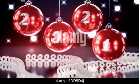 Close up, Christmas balls with numbers 2021.Black bokeh background with shining stars. Happy new year, 2021. 3D rendering. Stock Photo