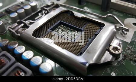 Desktop computer motherboard processor socket close up Stock Photo