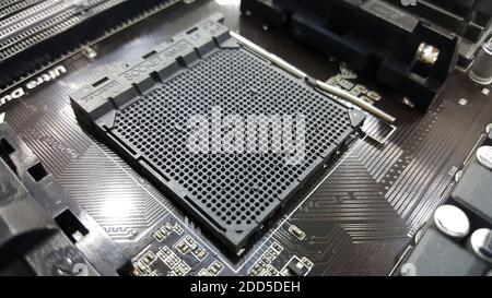 Desktop computer motherboard processor socket close up Stock Photo