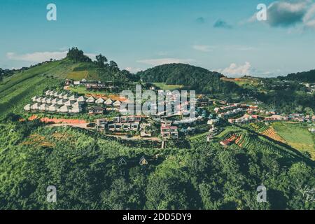 Aerial view of camping grounds and tents on Doi Mon Cham mountain in Mae Rim, Chiang Mai province, Thailand Stock Photo