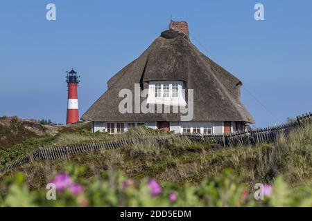 geography/travel, Germany, Schleswig-Holstein, Sylt, lighthouse from Hoernum with thatched-roof house, Additional-Rights-Clearance-Info-Not-Available Stock Photo