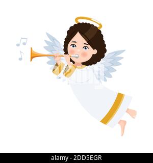 Angel playing the trumpet on white background. Isolated flat vector illustration Stock Vector