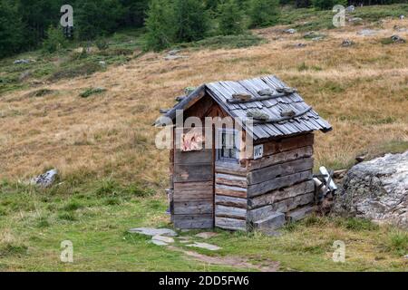 geography / travel, Italy, South Tyrol, Madonna, rustic toilet hut on the Berglalm, Schnalstal, Merano, Additional-Rights-Clearance-Info-Not-Available