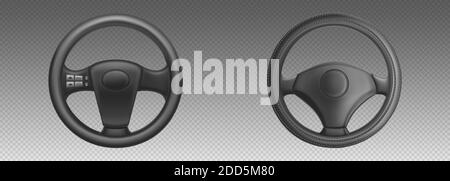 Car steering wheels, auto part for control drive and turn. Vector realistic set of black leather automobile steering wheels with mode and vehicle horn buttons isolated on transparent background Stock Vector