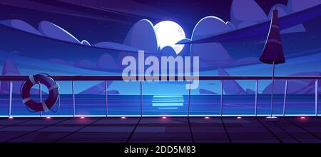Night seascape view from cruise ship deck. Ocean landscape with rocks in water, moon and clouds in sky. Vector cartoon illustration of wooden boat deck with railing, lamps, lifebuoy and umbrella Stock Vector