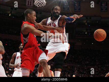 NO FILM, NO VIDEO, NO TV, NO DOCUMENTARY - Ronny Turiaf, right, of the New York Knicks defends a drive by DeMar DeRozan of the Toronto Raptors during the NBA Basketball match, New York Knicks vs Toronto Raptors at Madison Square Garden in New York City, NY, USA on December 8, 2010. The Knicks defeated the Raptors, 113-110. Photo by Jim McIsaac/Newsday/MCTABACAPRESS.COM Stock Photo