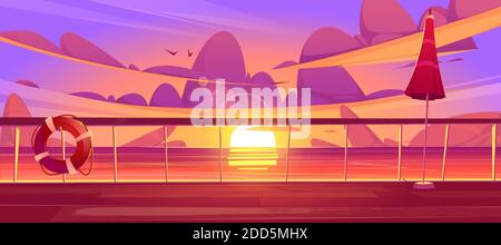 Cruise liner deck or quay on dusk seascape view, empty ship with glass baluster, lifebuoy and umbrella with wooden floor. Luxury sailboat in sea or ocean. Passenger vessel, Cartoon vector illustration Stock Vector