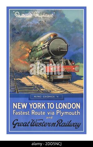 Vintage 1930's KING GEORGE V Steam railway engine 'BRITAINS MIGHTIEST' on Great Western Railway, New York to London Fastest Route via Plymouth, poster printed in England  1930  Moy Thomas (1930’s) Stock Photo