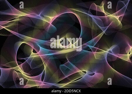 Abstract background illustration of multicolored fractal spiral lines on a black background. Stock Photo