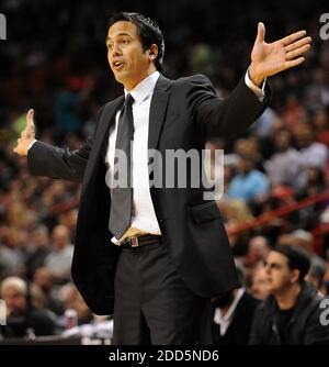 NO FILM, NO VIDEO, NO TV, NO DOCUMENTARY - Miami Heat head coach Erik Spoelstra questions an official in the first half of NBA action against the NNew Orleans Hornets during the NBA Basketball match, Miami Heat vs New Orleans Hornets at the American Airlines Arena in Miami, FL, USA on December 13, 2010. Photo by Robert Duyos/Sun Sentinel/MCT/ABACAPRESS.COM Stock Photo