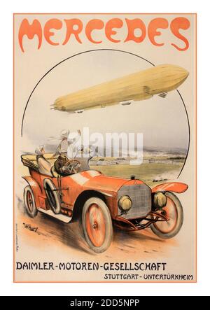 Vintage 1900's Mercedes Advertising Poster, Daimler-Motoren, original poster printed by Imp. D’Art L, Lafontaine, Paris 1910 by Henri Rudeaux (1870-1927) 1910 Open Tourer Mercedes 'Daimler Motoring Society' with airship Zeppelin in background Stock Photo