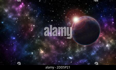 3d fantasy galaxy space universe illustration with planet, colored nebula and clusters of stars. Stock Photo