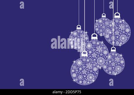 Illustration of hanging Christmas baubles covered in white snowflakes against a dark blue background with space for text. Stock Photo