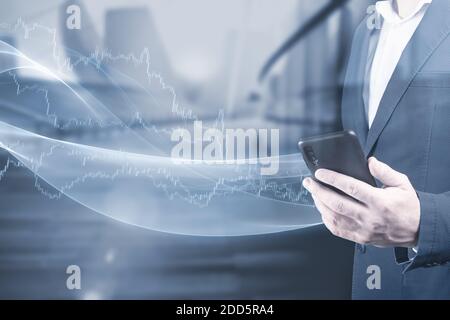 Financial data on cell mobile phone. Analytics Report Status Information Analysis Chart Graph in digital screen. Business analyzing financial statisti Stock Photo