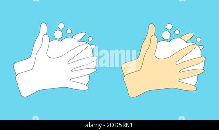 Washing hands vector illustrations set in outline and filled styles. Hand wash flat style colorful icon isolated Stock Vector