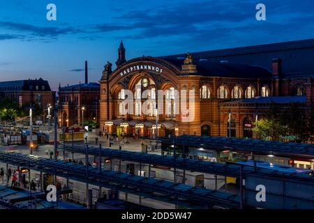 Bremen's Central Station (Hauptbahnhof) dates back to 1891. The transport hub also includes the main tram station too. Shot during the day and evening Stock Photo