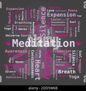 Word Cloud on Meditation with Yoga Silhouette on Dark Background Stock Vector