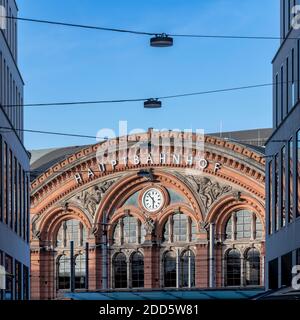 Bremen's Central Station (Hauptbahnhof) dates back to 1891. The transport hub also includes the main tram station too. Shot during the day and evening Stock Photo