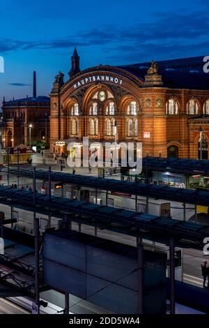 Bremen's Central Station (Hauptbahnhof) dates back to 1891. The transport hub also includes the main tram station too. Shot during the day and evening Stock Photo