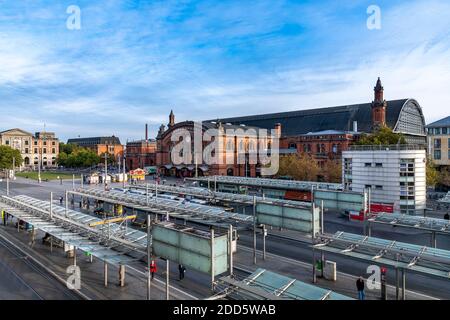 Bremen's Central Station (Hauptbahnhof) dates back to 1891. The transport hub also includes the main tram station too. Shot during the day and evening Stock Photo