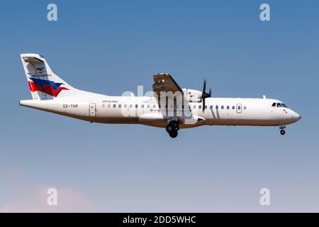 Athens, Greece - September 22, 2020: Sky Express ATR 72-500 airplane Athens Airport in Greece. Stock Photo