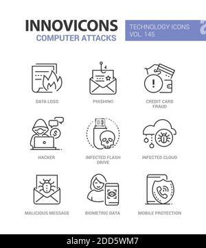 Computer attacks - colorful line design style icons Stock Vector
