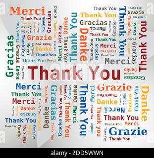 Word Cloud - Thank You in Five Language - Multicolored Letters and Different Orientations on Light Background Stock Vector