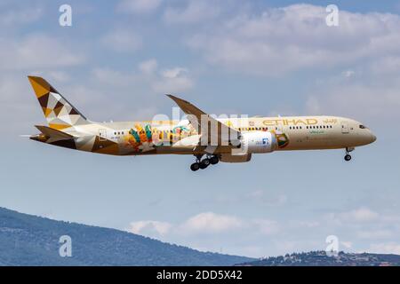 Athens, Greece - September 22, 2020: Etihad Airways Boeing 787-9 Dreamliner airplane in the Adnoc Italia special livery Athens Airport in Greece.