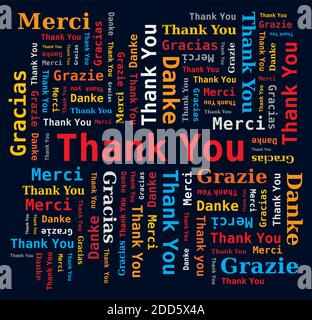 Word Cloud - Thank You in Five Language - Multicolored Letters and Different Orientations on Dark Background Stock Vector