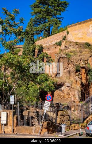 Rupe Tarpea - Tarpeian Rock - steep cliff on the south side of the Capitoline Hill, used during the Roman Republic as a site of execution - Rome, Ital Stock Photo