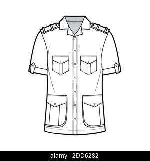 Shirt Safari Technical Fashion Illustration With Short Sleeves Flaps Pockets Relax Fit Button Down Epaulettes Open Collar Flat Template Front Back Grey Color Women Men Top Cad Mockup Stock Vector Image Art