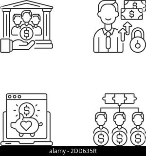 Different money types crowdfunding linear icons set Stock Vector