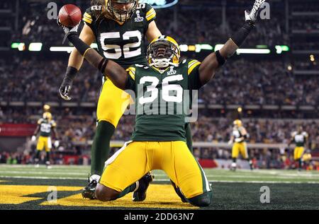 NO FILM, NO VIDEO, NO TV, NO DOCUMENTARY - Green Bay Packers safety Nick Collins (36) celebrates after scoring on an interception in the first quarter of Super Bowl XLV where the Green Bay Packers face the Pittsburgh Steelers at Cowboys Stadium in Arlington, TX, USA on February 6, 2011. Photo by Ron Jenkins/Fort Worth Star-Telegram/MCT/ABACAPRESS.COM Stock Photo