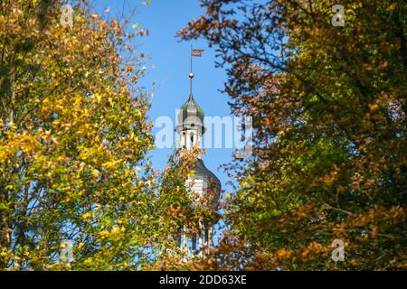 Hartenberg, Czech Republic - October 14 2018: Top of tower with new grey roof, part of the ruined medieval castle framed with yellow, orange leaves. Stock Photo