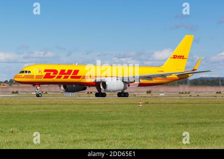 Stuttgart, Germany - October 4, 2020: DHL Boeing 757-200(PCF) airplane at Stuttgart Airport in Germany. Boeing is an American aircraft manufacturer he Stock Photo