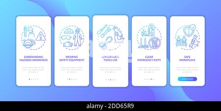 Workplace safety elements onboarding mobile app page screen with concepts Stock Vector
