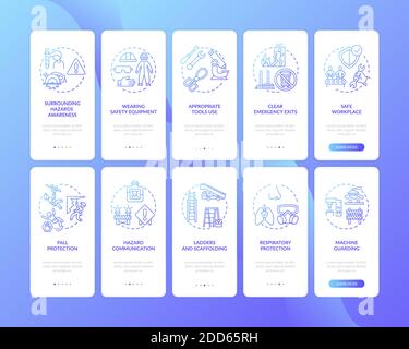 Workplace safety onboarding mobile app page screen with concepts set Stock Vector