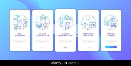 Top workplace safety violations onboarding mobile app page screen with concepts Stock Vector