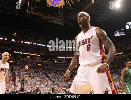 NO FILM, NO VIDEO, NO TV, NO DOCUMENTARY - The Miami Heat's LeBron James reacts after scoring during the second quarter game 2 of the NBA Western Conference Semi-final at American Airlines Arena in Miami, FL, USA on May 3, 2011. The Heat took a 2-0 series lead with a 102-91 victory. Photo by Hector Gabino/El Nuevo Herald/MCT/ABACAPRESS.COM Stock Photo