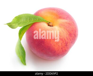 One pink peach fruit with leaves isolated on white background, top view Stock Photo