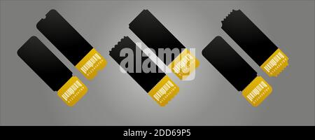 Black and gold ticket. Vector ticket isolated on white background. Cinema, theater, concert, play, party, event, festival. Stock Vector
