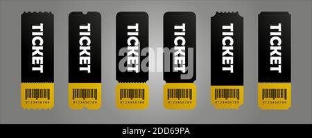 Set of black and gold tickets. Ticket templates. Perfect for movie theater, gym, festival, private parties and other fun activities and events! Stock Vector