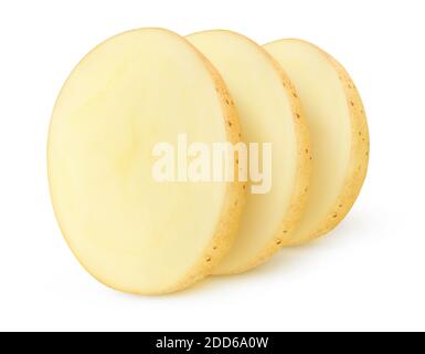 Isolated potato chips. Three pieces of raw potato in a row isolated on white background Stock Photo