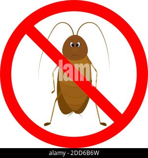 No cockroach sign in red crossed circle vector icon isolated on white background. Stop insect symbol. Flat design cartoon style character illustration Stock Vector